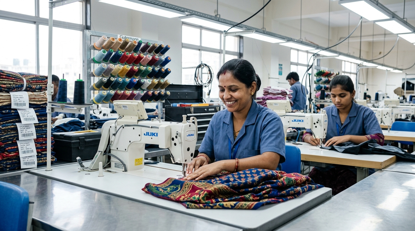 Skilled apparel craftswomen working diligently at computerized sewing stations